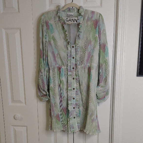 GANNI Dress, NWT, Pastels, Micro-Pleats, Ruffles, Size 14 - Picture 10 of 15